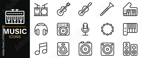Audio and sound entertainment icons pack with instruments, notes, and speakers