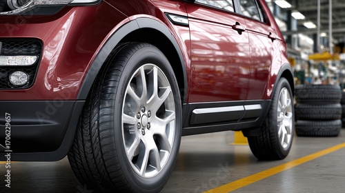 Wallpaper Mural Red SUV lifted for servicing in an organized garage, surrounded by tools and stacks of tires, showcasing a professional setting Torontodigital.ca