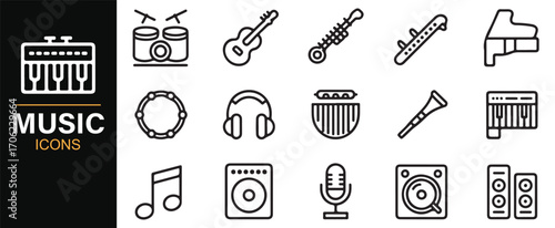 Minimal line style music icons set with piano, drums, saxophone, and headphones