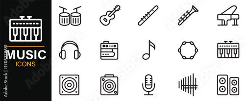 Editable outline music icons of band instruments and performance gear