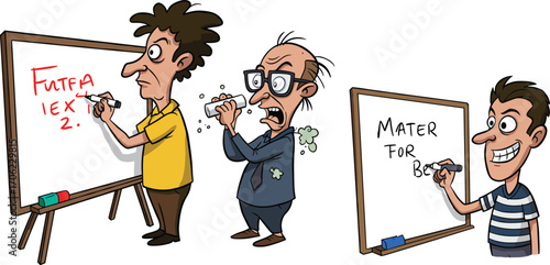 Funny Cartoon Teachers and Student Writing Wrong on Whiteboards – Comedy Education Concept, Classroom Humor, Back to School Illustration