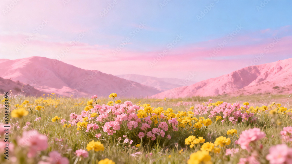 Fototapeta premium Idyllic Pink and Yellow Flower Landscape with Mountains