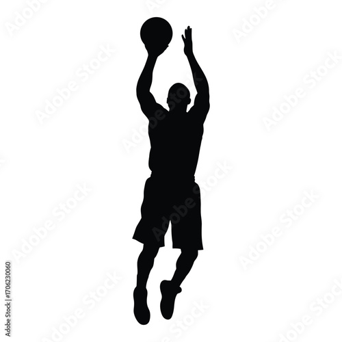 Dynamic silhouette of a basketball player in mid-air shooting a ball silhouette