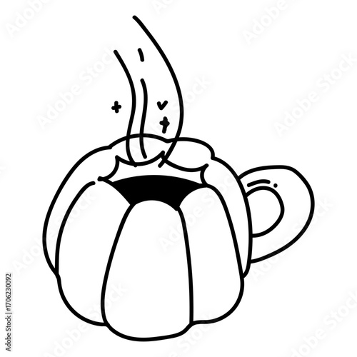 Single hand drawn cup of pumpkin coffee, chocolate, cocoa or cappuccino. Doodle vector illustration for seasonal autumn, fall design.