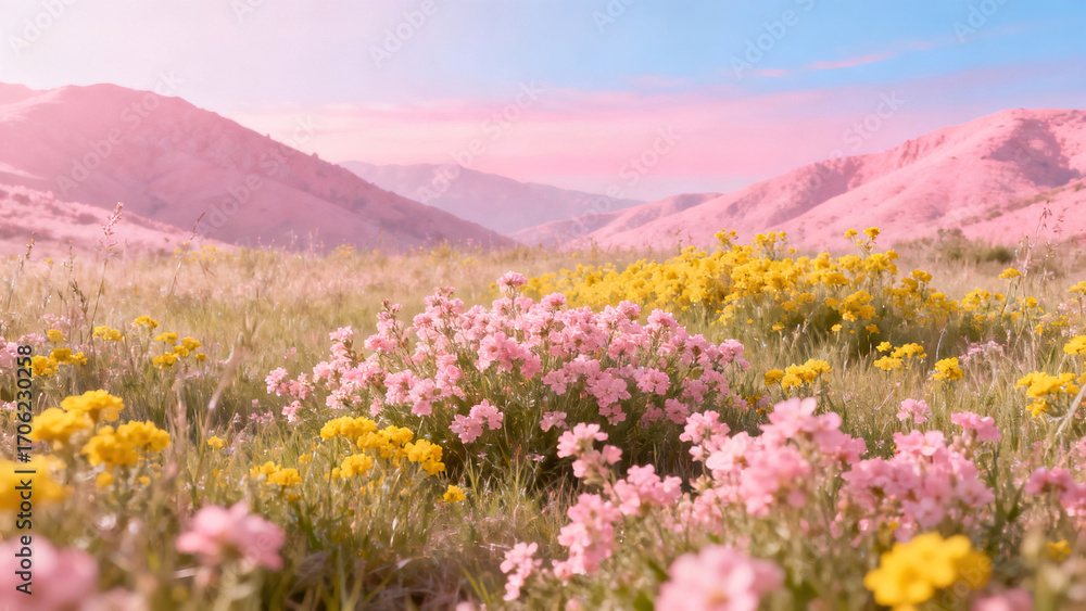 Fototapeta premium Idyllic Pink and Yellow Flower Landscape with Mountains