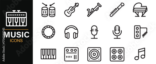 Editable thin stroke music icons set with audio, performance, and recording tools