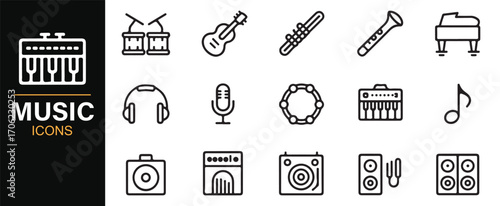 Music and entertainment vector icons pack with piano, guitar, and sound equipment