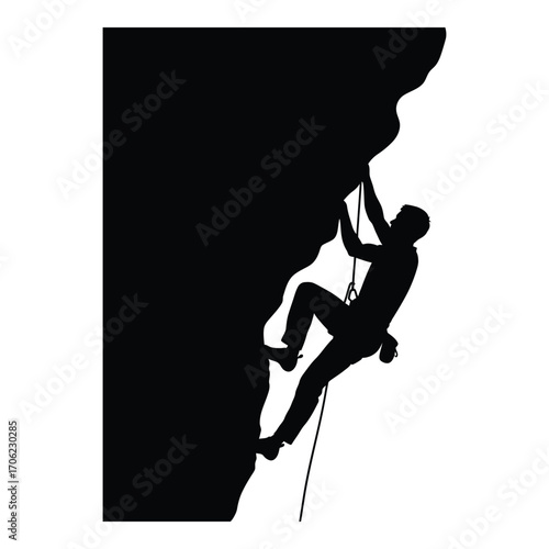 Silhouette of a determined climber ascending a steep rock face in dramatic contrast silhouette