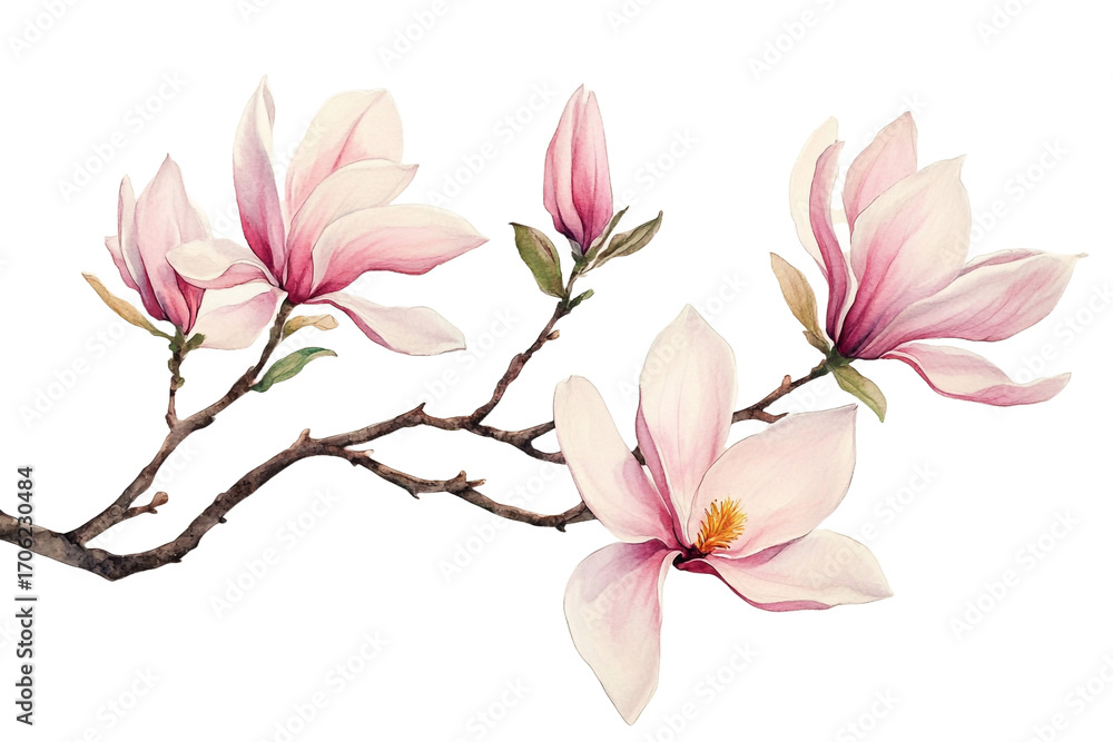 Obraz premium Watercolor painting of a magnolia branch with pink flowers.