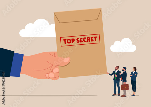 Handing over classified documents. Big hand holding a sealed TOP SECRET envelope, Confidential, classified information, and restricted access. Vector illustration