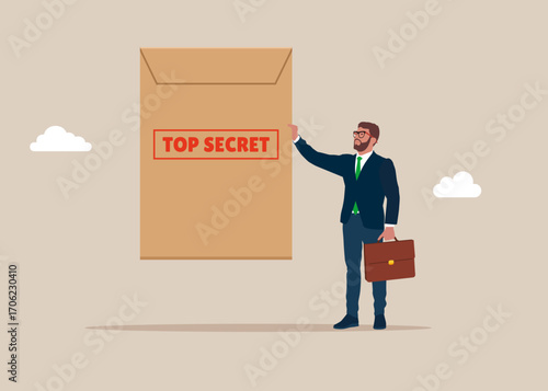 Businessman holding a sealed TOP SECRET envelope, Confidential, classified information, and restricted access. Flat vector illustration