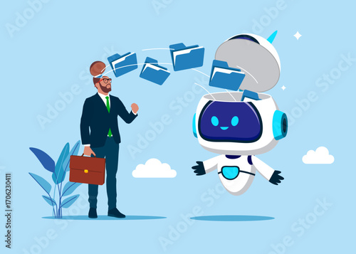 Businessman transferring data and knowledge into robot. Folders, file and documents uploaded into the robot's head. Artificial intelligence. Flat vector illustration