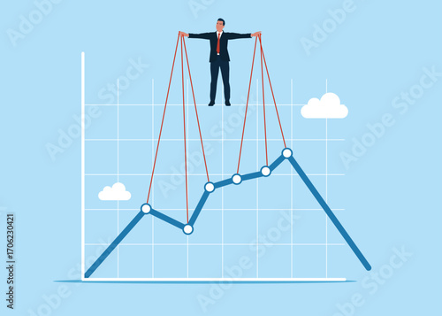 Manipulation economic growth in economy. Manipulating economy with string. Puppet master controlling graphic chart. Flat vector illustration