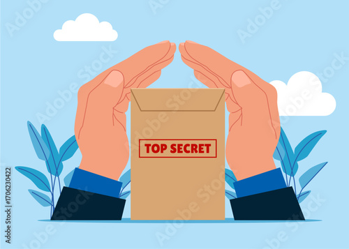Confidential, classified information metaphor. Sealed TOP SECRET envelope contract. Flat vector illustration