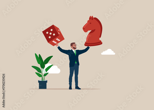 Businessman offering knight chess piece for strategy and dice for gambling. Business competition concept. Flat vector illustration
