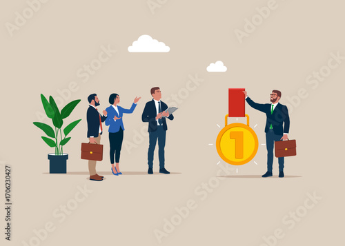 Human resources management. Choose the best man for the job. Onboarding employee, warm welcome to new office, orientation training on first day. Flat vector illustration