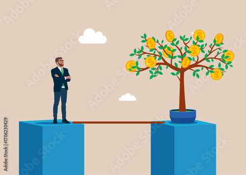 Businessman wants and hesitating to cross a ravine using only a thin stick to reach a money tree. Flat vector illustration