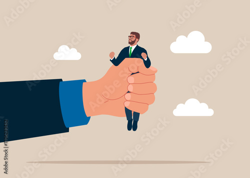 Huge hand competitor squeezes a businessman. Threat. Survive recession. Career growth and opportunities. Flat vector illustration, vector illustration
