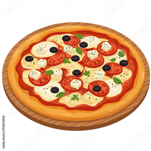 Whole Greek pizza on wooden board, clean and vibrant, flat vector illustration of food on white background, with copy space