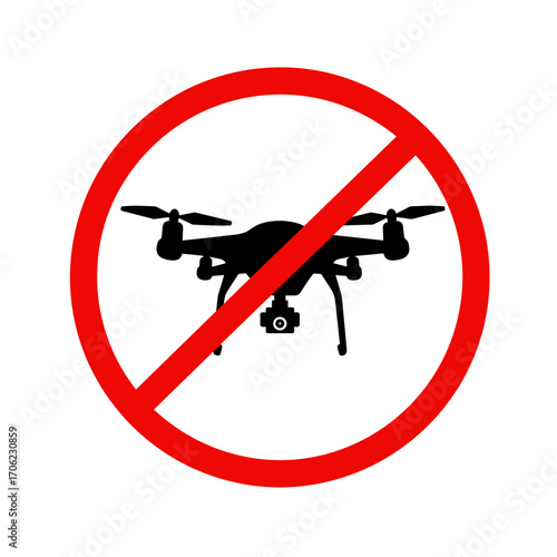 Drone silhouette crossed out with bold lines in semi-realistic flat vector, modern signage design with clean sans-serif font on white background