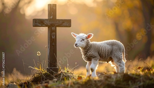 A lamb stands beside a wooden cross, bathed in warm sunlight, in a serene outdoor setting