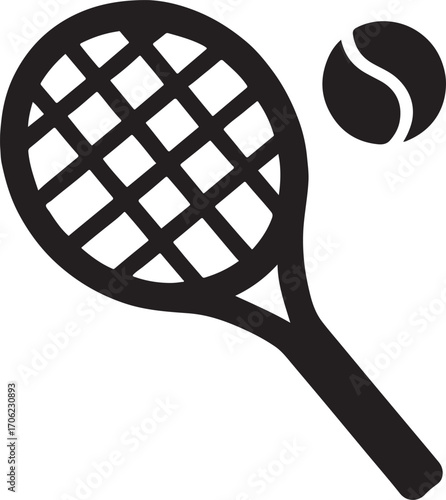 Tennis racket silhouette icon vector, sports equipment symbol design for tennis, game, and competition.