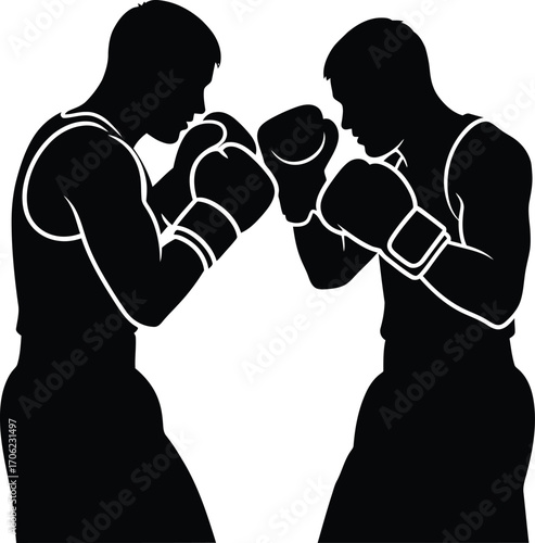 Abstract graphic design of two stylized combatants in a dynamic boxing match silhouette