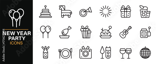 Holiday party icons collection with balloons, fireworks, gifts, and entertainment
