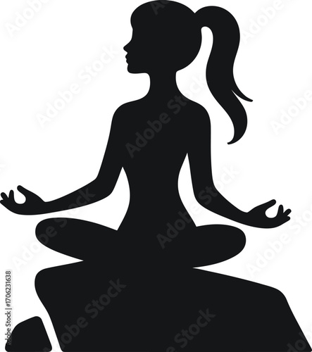 Monochrome vector silhouette of a woman meditating in a lotus yoga pose on a rock