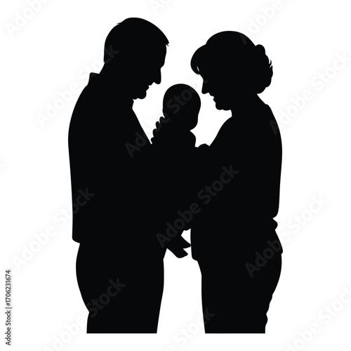 Silhouette of a family embracing their newborn baby cherishing a precious moment silhouette