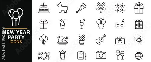 Holiday party icons collection with balloons, fireworks, gifts, and entertainment