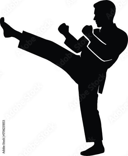 Minimalist black silhouette illustration of a martial artist executing a high side kick