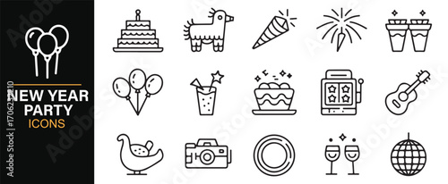 Holiday and celebration icon pack including drinks, music, and disco ball in line style