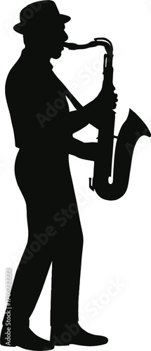 Silhouette of a jazz musician playing the saxophone in a classic pose