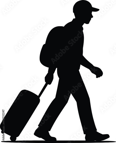 Vector silhouette of a traveling man walking with a backpack and rolling luggage
