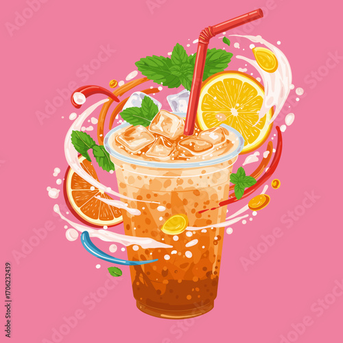 Thai iced milk tea in plastic cup with colorful and energetic mood, bubbling with ice shards, mint curls, and fruit slices in tropical motion swirl