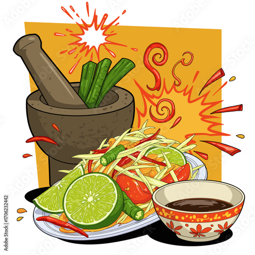 Papaya salad (som tam) with colorful and energetic mood, Thai street-food-inspired style, with lime wedges, green papaya shreds, and chili curls