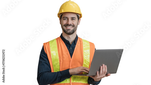 Happy male engineer with a hardhat using a laptop.

