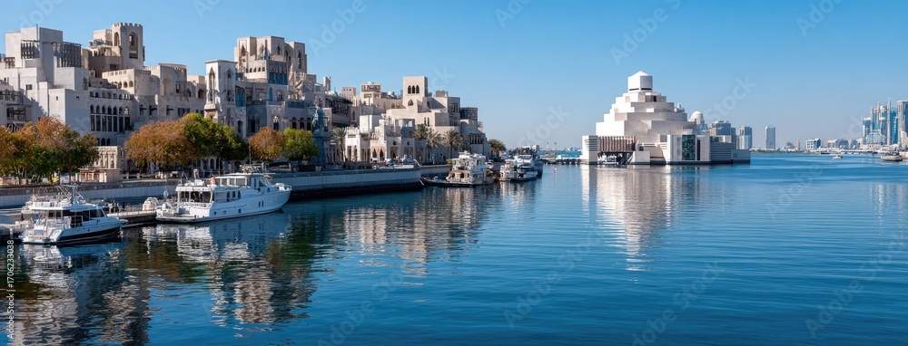 Naklejka premium The architectural marvel boasts geometric shapes and clean lines amid calm waters and a sunny sky, inviting exploration