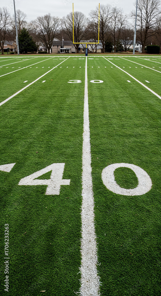 Obraz premium Eye-level full shot of a well-marked American football field with vibrant grass
