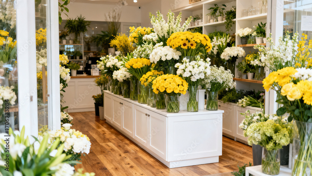 Fototapeta premium Vibrant Flower Shop with Yellow and White Blooms