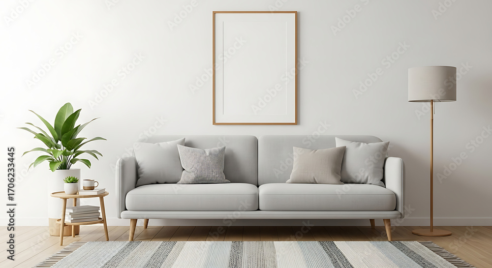 Fototapeta premium Modern Minimalist Living Room with Light Gray Sofa, Abstract Wall Art, Green Plant, Wooden Coffee Table, and Natural Lighting, 4K image 