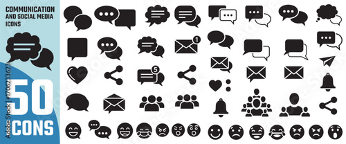 Collection of 50 communication and social media icons featuring speech bubbles messages likes shares and people silhouettes