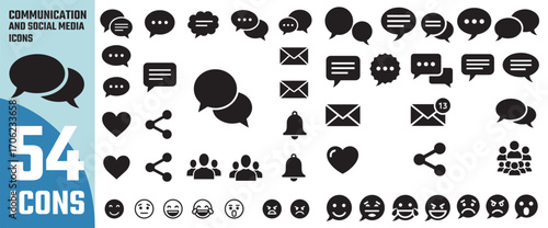 Collection of 54 communication and social media icons representing speech bubbles messages hearts sharing people and emotions in black and white