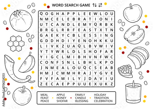 Rosh Hashanah word search puzzle game with line drawings worksheet. Fun activity for learning English vocabulary. Educational game for children and adults. Jewish line art drawing elements, doodles