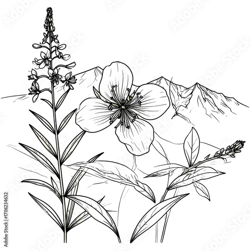 Botanical line art of mountain flowers