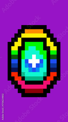 Pixelated 3D vector illustration of a red cross symbol on a colorful abstract background for first aid and medical design