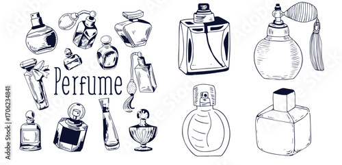 Seamless pattern with perfume bottles, vector pattern, print in sketch style.