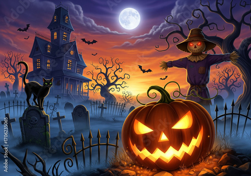 Eerie Halloween Night with Haunted House, Jack-o'-Lantern, Scarecrow, Black Cat, and Full Moon