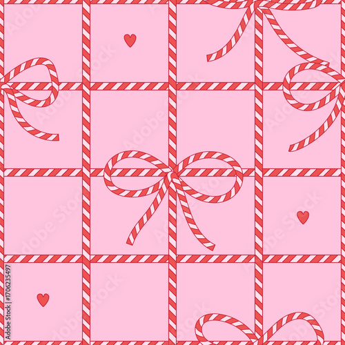Christmas seamless pattern with White Red Rope Bow, Twine Color Ribbon and Tied Knot. Sweet coquette backdrop with candy cane vibe. Flat vector Design for fashion , fabric, textile, wrapping